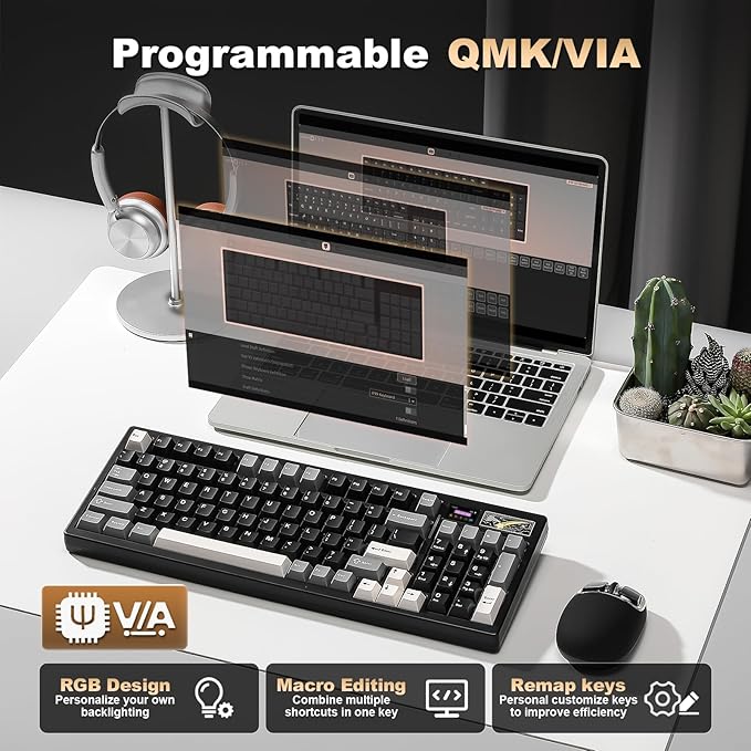 YUNZII IF99 Wireless Mechanical Gaming Keyboard with Smart LCD Display, QMK/VIA Programmable BT/2.4G/USB-C Gasket Mounted Hot Swap RGB 96% Layout for Mac/Win (Black, Cocoa Cream V2 Switch)