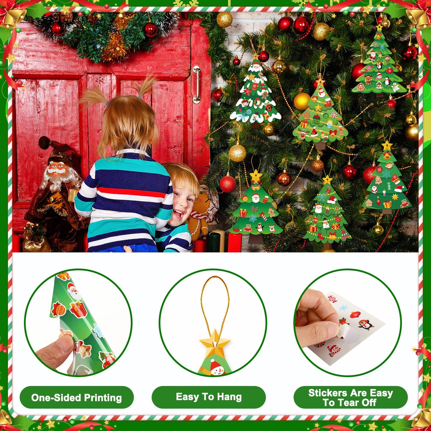 JULBEAR 54 Pcs Christmas Tree Crafts for Kids, DIY Xmas Tree Hanging Ornaments with Stickers Kits for Home Classroom Game Activities Party Favors Holiday Decoration Making