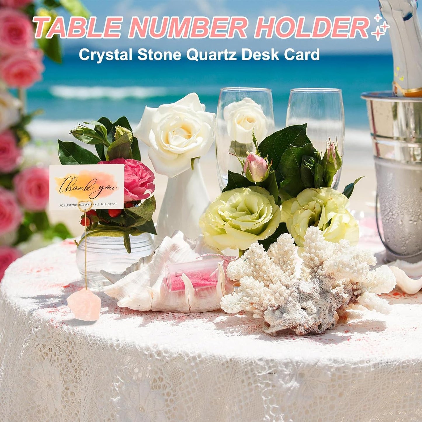 PATIKIL Table Number Holder, 2Pcs Photo Clip Holders Crystal Stone Quartz Desk Card Holder Raw Flower Shape Iron Memo Note Photo Stand for Wedding Party Home Office Decor, Pink