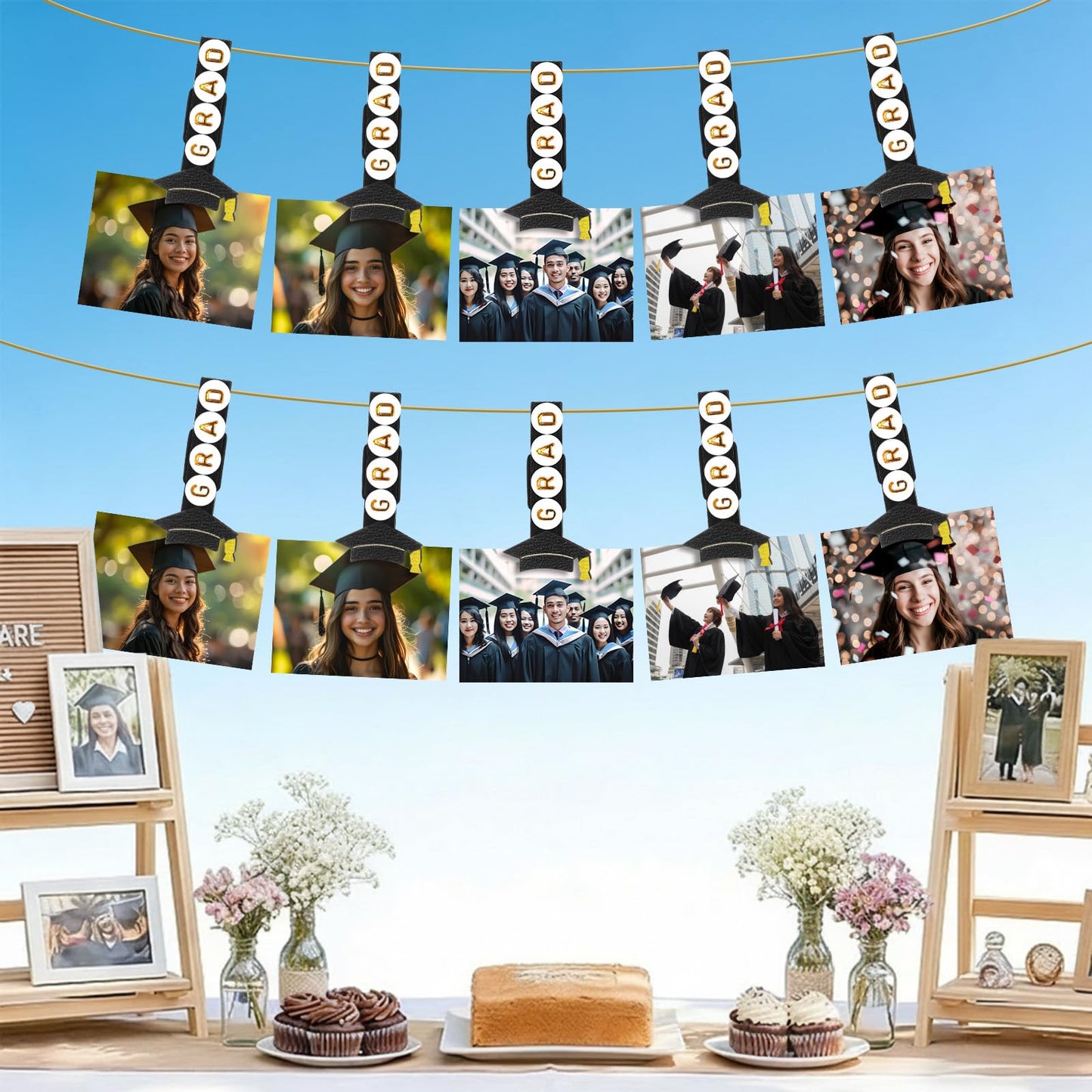 Amyhill Graduation Photo Clips for Picture Display 2026 Graduation Cap Close Pins for Photo Display Banner DIY Craft Kits 50 Clips with 400 Letter Beads 33ft Jute Twine for Grad Party Decorations