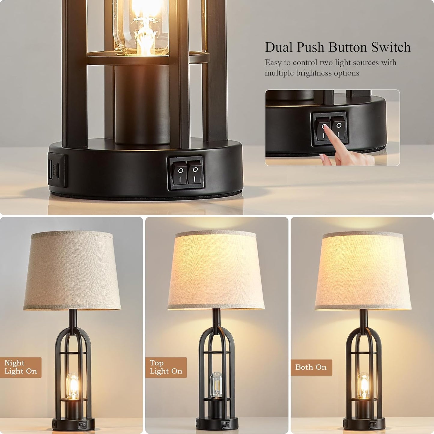 Black Table Lamps for Living Room Set of 2 - Farmhouse Lamps for Night Stands with USB A+C, Bedside Lamps for Bedroom, 24'' Industrial Lamp for Living Room End Tables