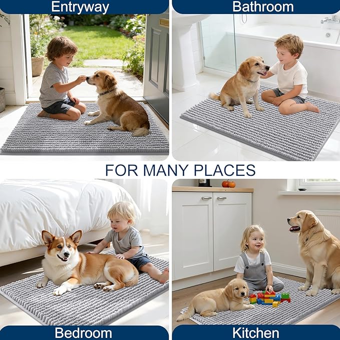 OLANLY Dog Door Mat for Muddy Paws 40x32, Ultra Absorbent Chenille Mud Doormat, Non-Slip Washable and Dirt Trapping Doormat for Indoor Entryway, Quick-Dry Indoor Pet Bed Mats for Dogs, Light Grey