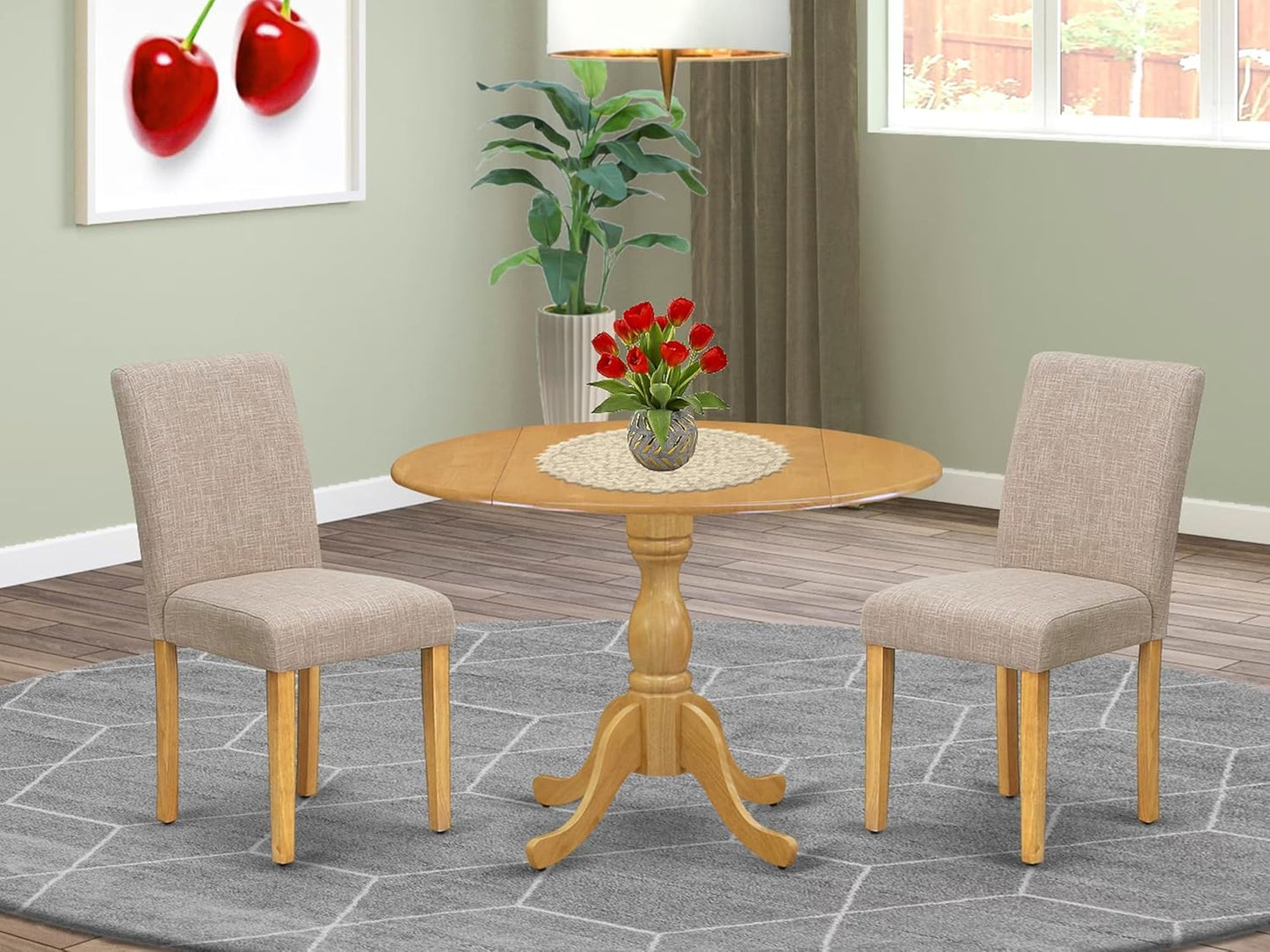 East West Furniture DMAB3-OAK-04 3 Piece Kitchen Table Set Contains a Round Dining Room Table with Dropleaf and 2 Light Tan Linen Fabric Parsons Dining Chairs, 42x42 Inch, Oak