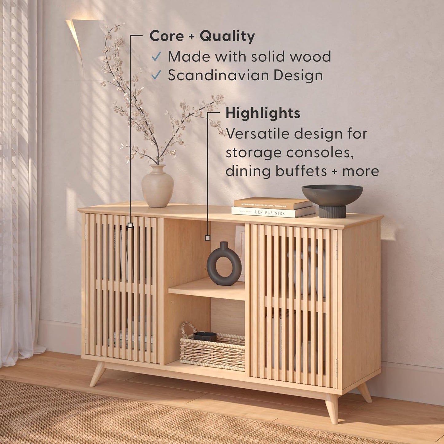 Plank+Beam Mid-Century Modern Wood TV Stand, Solid Wood Entertainment Console with Storage, 49" L x 16" W x 30" H, Blonde