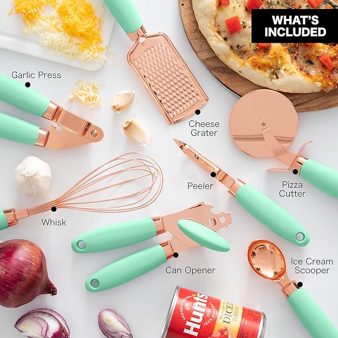 COOK WITH COLOR Kitchen Gadget Set Copper Plated Stainless Steel Utensils with Soft Touch Handles, Copper Mint, 7 Pieces