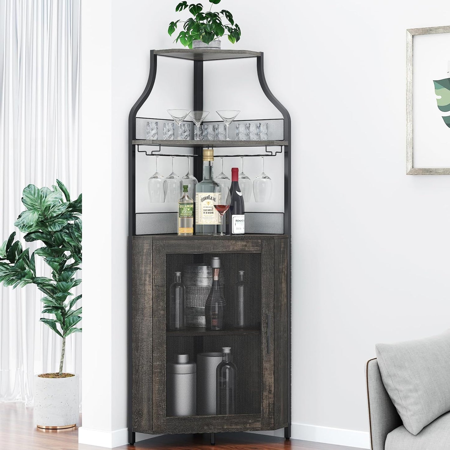 GAOMON Rustic Modern Corner Wine Cabinet, 5-Tiers Liquor Cabinet with Glass Holder, Industrial Bar Cabinet for Home, Dark Rustic Oak, 13.4"D x 18.5"W x 61"H