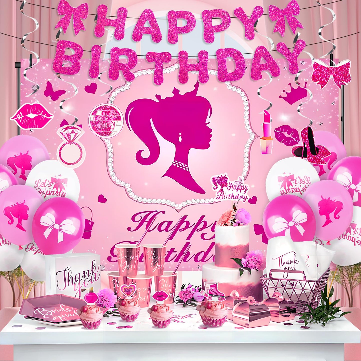Hot Pink Birthday Party Decorations Supplies, with Pink Glitter Happy Birthday Banner, Backdrop, Balloons, Hanging Swirls, Cake & Cupcake Toppers for Kids, Girls and Women