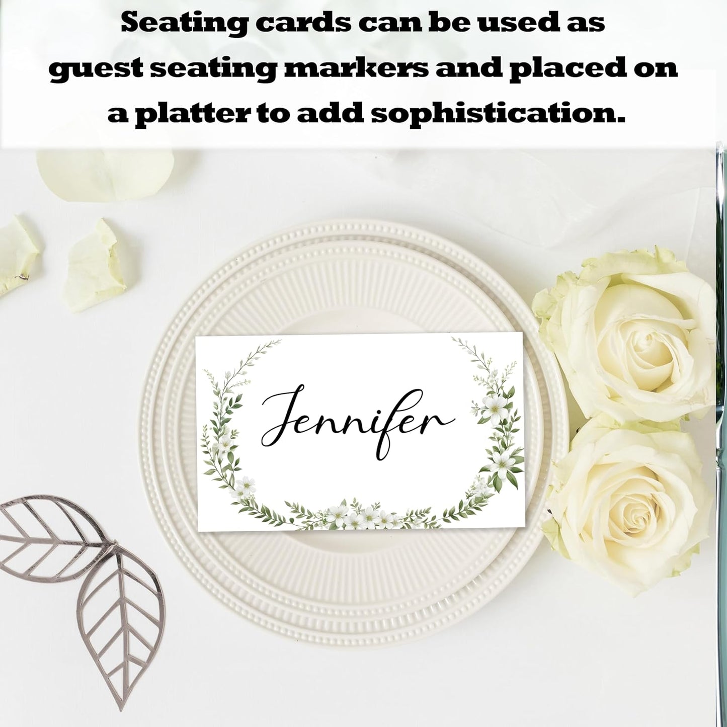 White Floral Place Cards For Girls, Flowers Greenery Name Card For Table Setting, Spring Holiday Party Favors Supplies, Flowers Tent Cards Decoration For Bridal Shower Wedding Baby Shower, 25 Pack -12