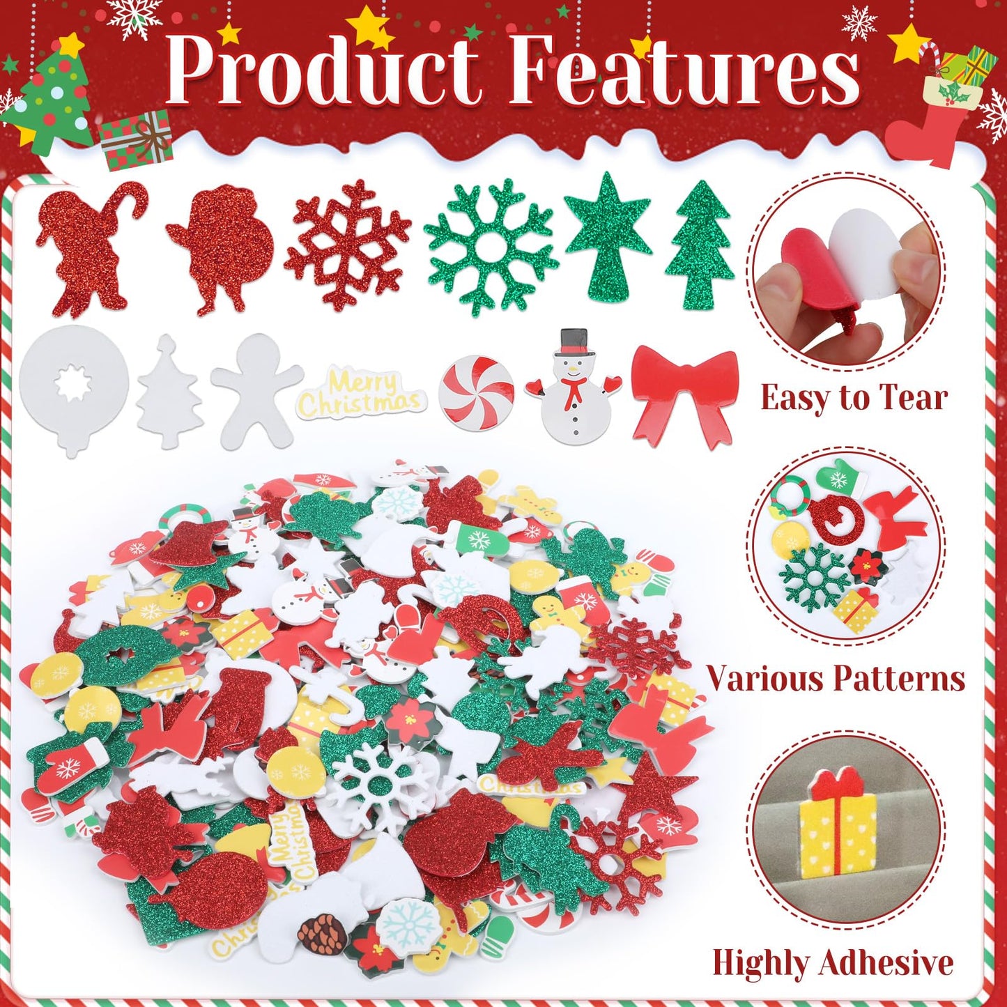 Coopay 300 Pcs Christmas Foam Stickers, Self-Adhesive Glitter Foam Stickers for Crafts, Holiday DIY Adhesive Crafts for Christmas Art Winter Greeting Cards Scrapbooking Home & Party Decoration