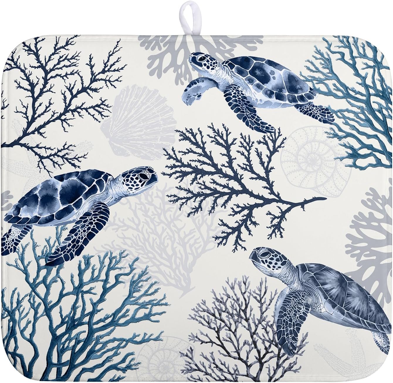 Nautical Coastal Dish Drying Mat Summer Beach Dish Pad for Kitchen Counter Ocean Coral Sea Turtle Absorbent Microfiber Dish Draining Reusable Washable Blue Dish Drainer Mat 16×18 Inch