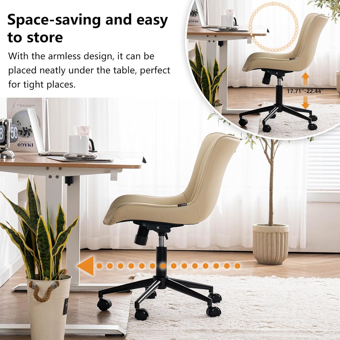 YOUNIKE Beige Home Office Desk Chair with Wheels Swivel Comfy Armless Vanity Chair with Back Modern Leather Upholstered Rolling Task Chair Small Cute Drafting Sewing Chair No Arms Adjustable