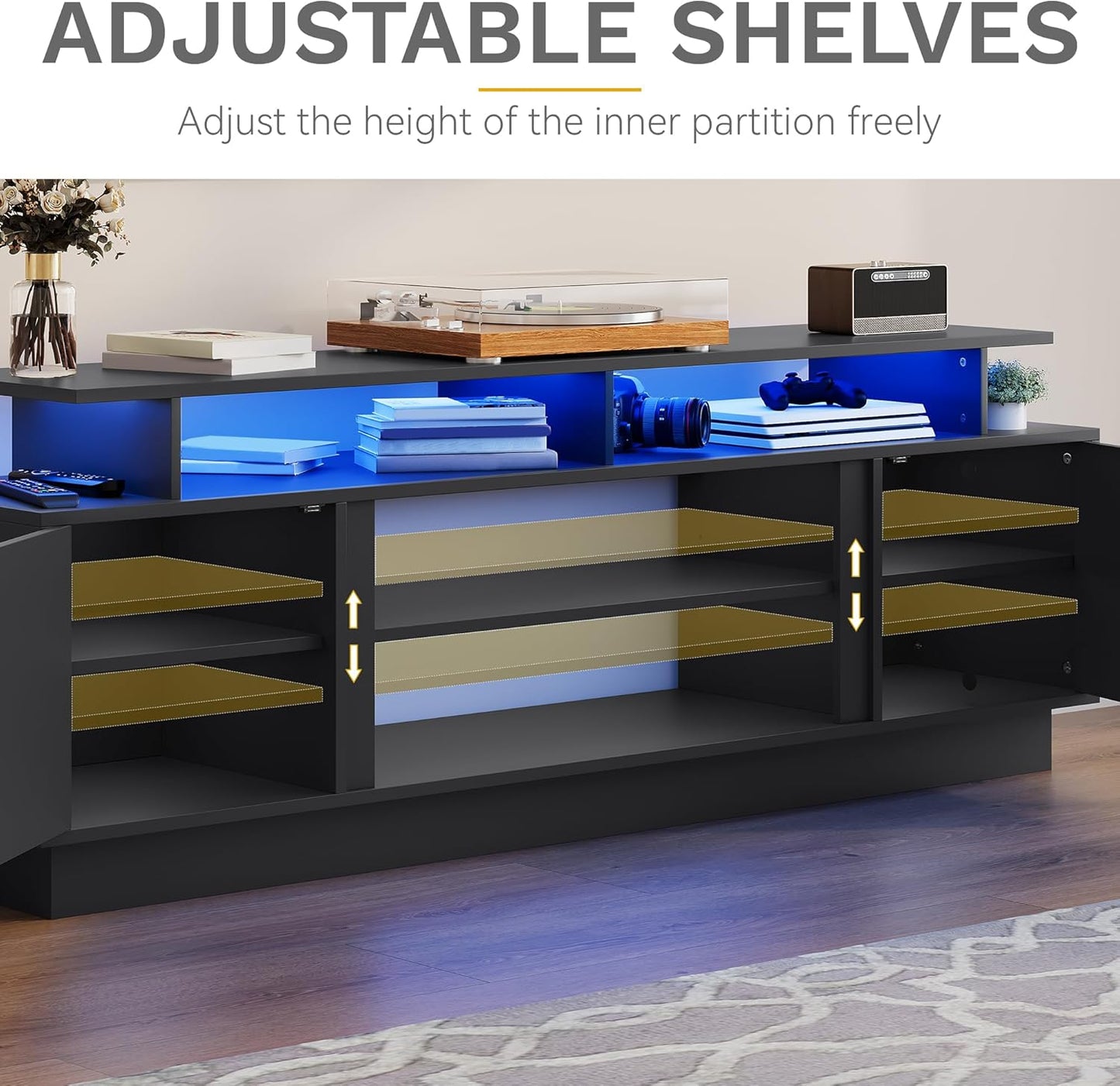 DWVO Modern TV Stand for 65/75 Inch TVs, Entertainment Center with LED Lights, TV Shelf with Storage Cabinets & Movable Partition, TV Console for Living Room, Black