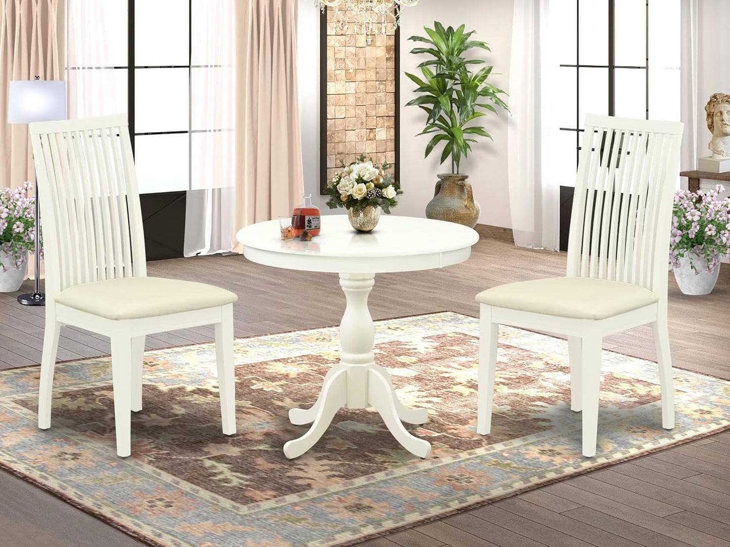 East West Furniture AMIP3-LWH-C 3 Piece Dining Set Contains a Round Dining Room Table with Pedestal and 2 Linen Fabric Upholstered Chairs, 36x36 Inch, Linen White