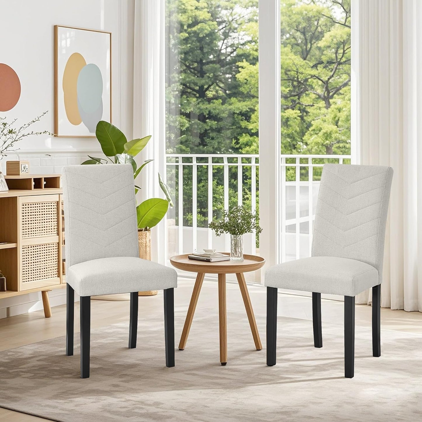 VECELO Upholstered Dining Chairs Set of 2, Fabric Wood Legs High Back for Kitchen Living Room, Beige