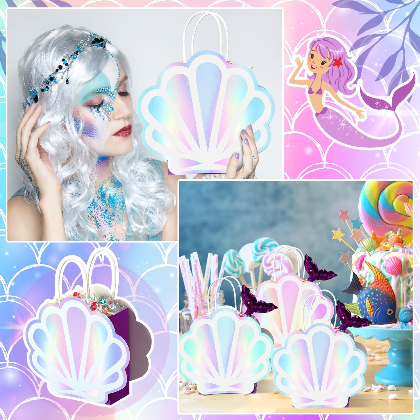 Locmeo 12 Pack Holographic Sea Shell Gift Bags Mermaid Party Favor Bags with Iridescent Shell Paper Cards for Mermaid Themed Supplies Ocean Under The Sea Party Favors