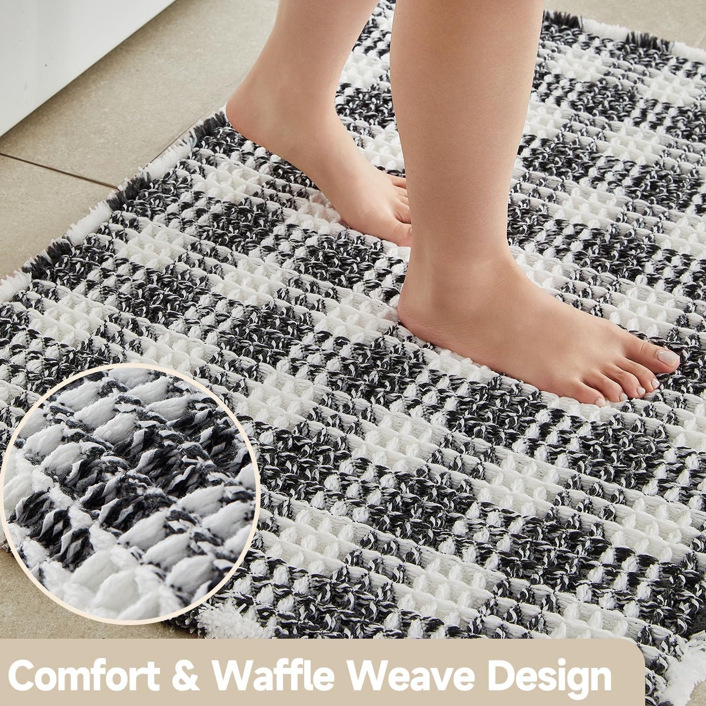 Waffle Bath Mat, Boho Bathroom Rugs Non Slip Washable Absorbent Checkered Bathroom Mat Quick Dry Farmhouse Bathroom Decor, 30"x20" Black and White