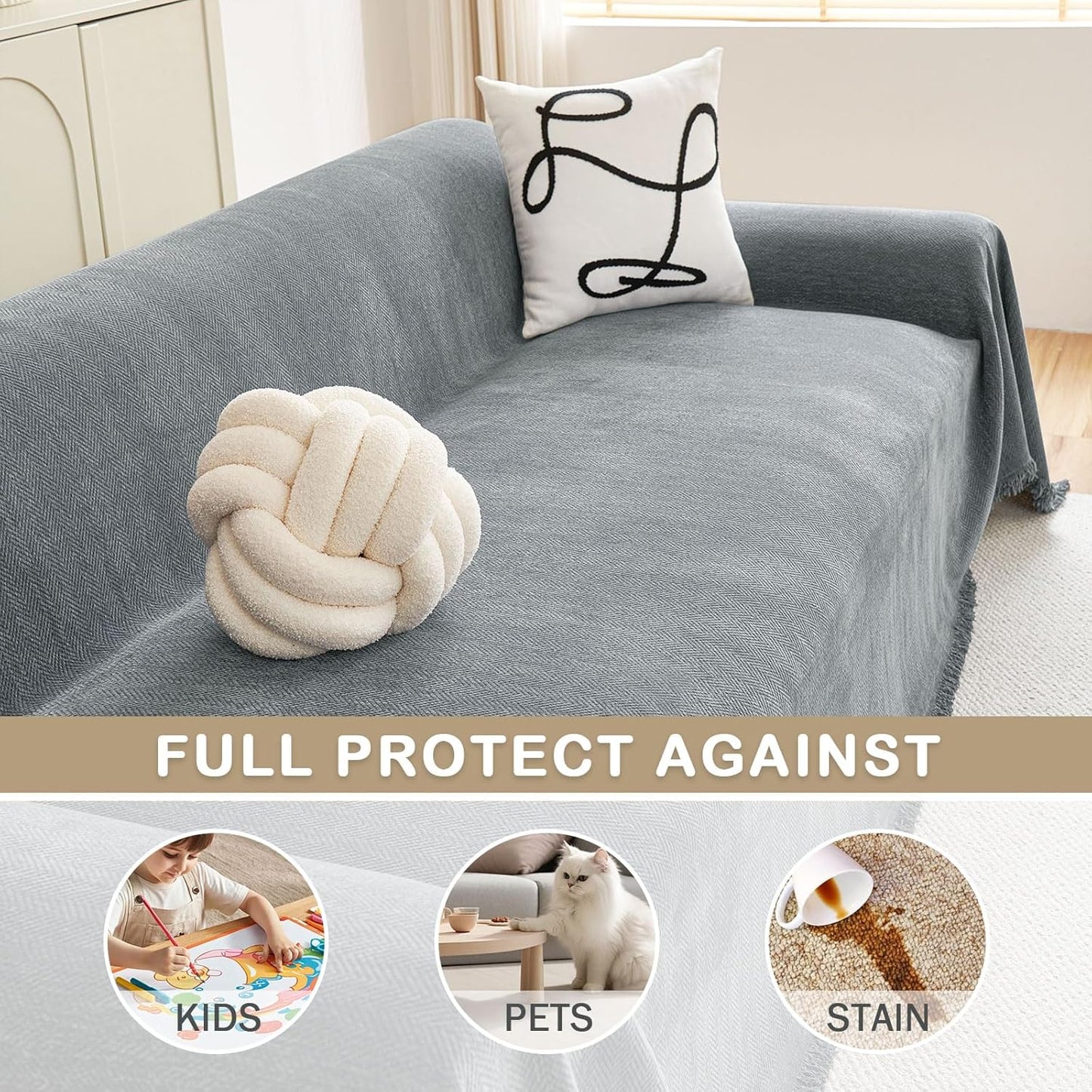 hyha Couch Cover for Dogs, Boho Sofa Covers for 3 Cushion Couch Washable, Chenille Sofa Slipcover for Pets, Soft Loveseat Sectional Couch Throw Blankets with Tassels (Grey, 71x134 Inch)