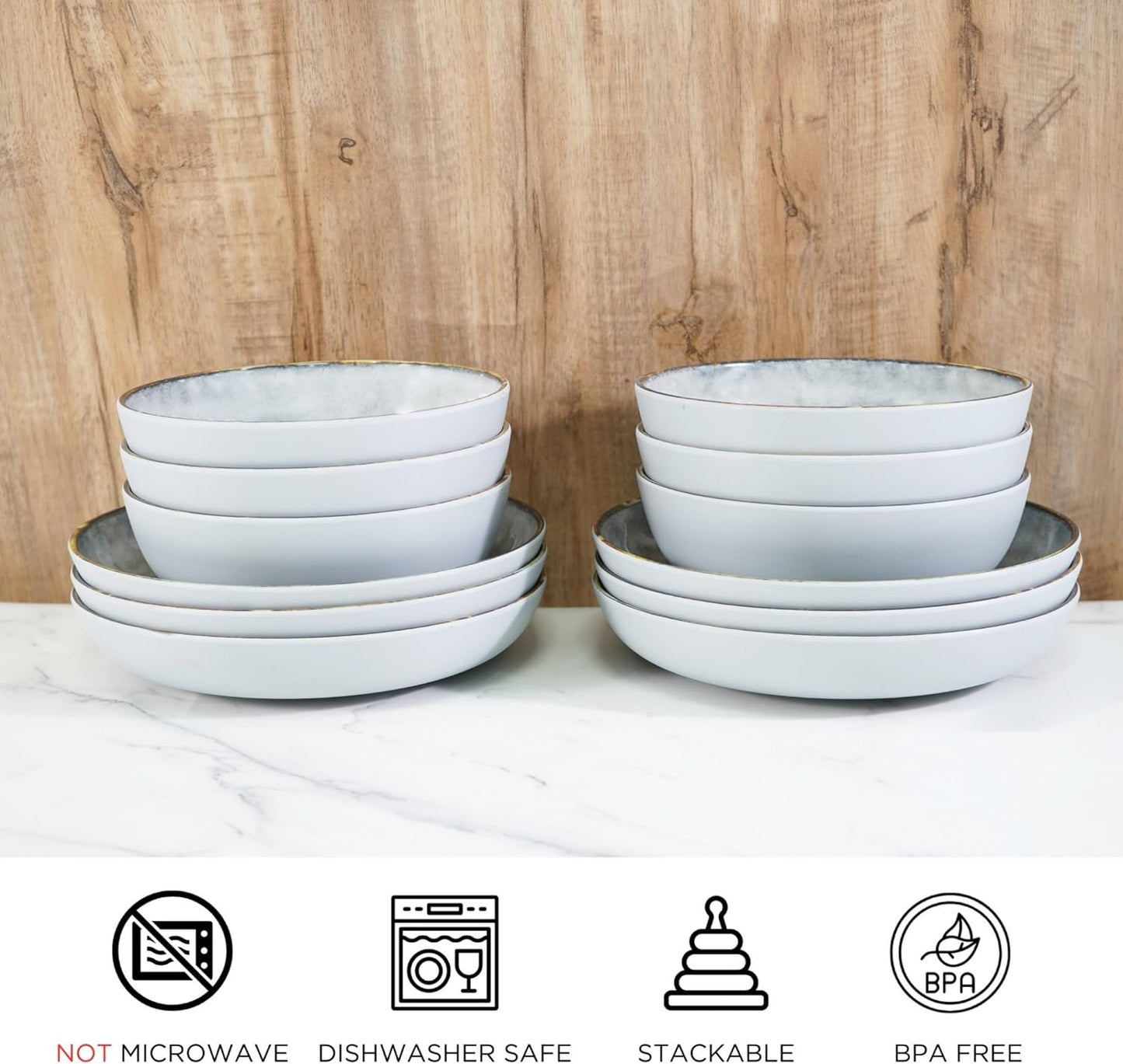 TP 12-Piece Dinnerware Set, Melamine Dishes Set with Bowls and Plates, Non-breakable and Lightweight Round Dinner Set for 4, Grey