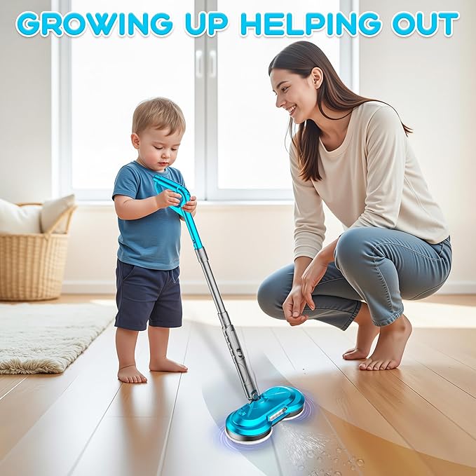 Kids Toy Electric Spin Mop, Rechargeable Cordless Electric Mop W/ Water Sprayer & LED Headlight for Children Ages 3 4 5 6+ Boys & Girls, Cleaning Toy for Pretend Play (Blue)