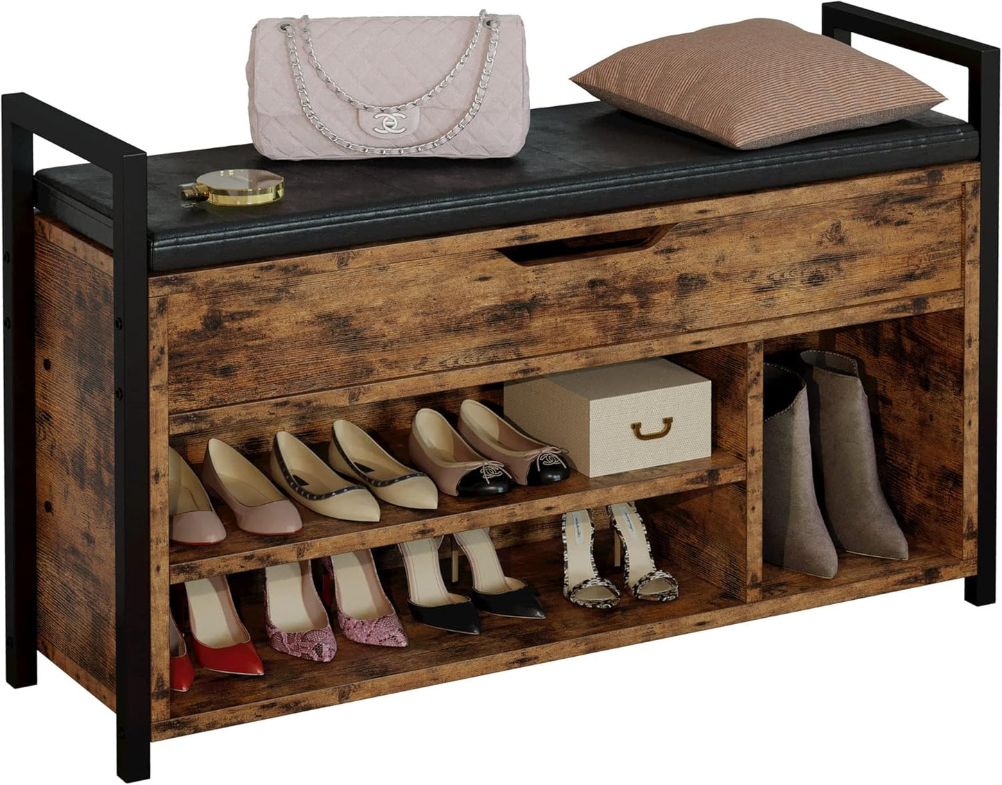 IRONCK Shoe Storage Bench, Entryway Bench with Lift Top Storage Box, Metal and Board Bench for Entryway, Two Tier Shoe Rack Organizer for Entryway, Hallway, Industrial, Vintage Brown