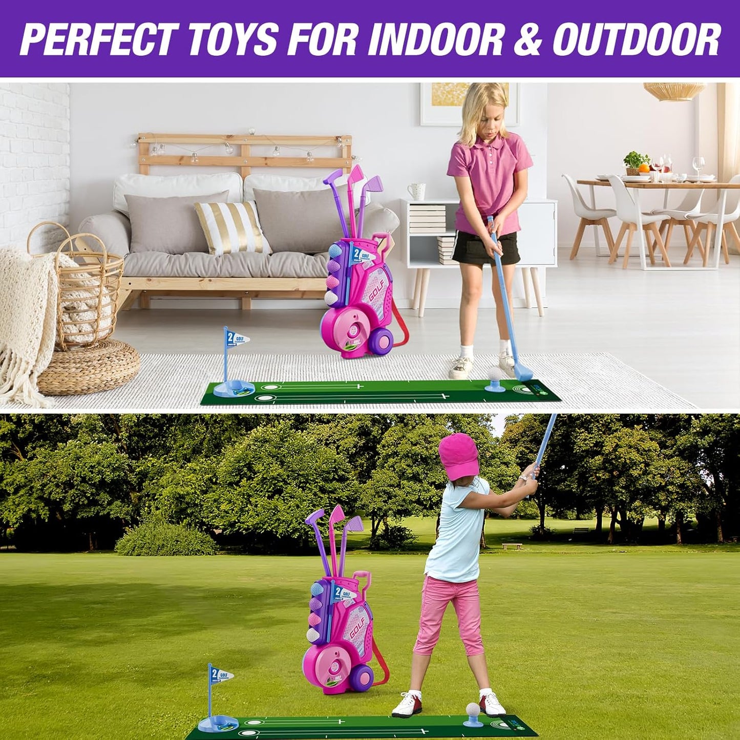 Toddler Golf Set 2-4 Years, Upgraded Kids Plastic Golf Clubs with 12 Balls, Putting Mat, Shoulder Strap, Indoor Outdoor Game Sport Toys Gift for Baby Boys Girls Aged 3-5, Pink