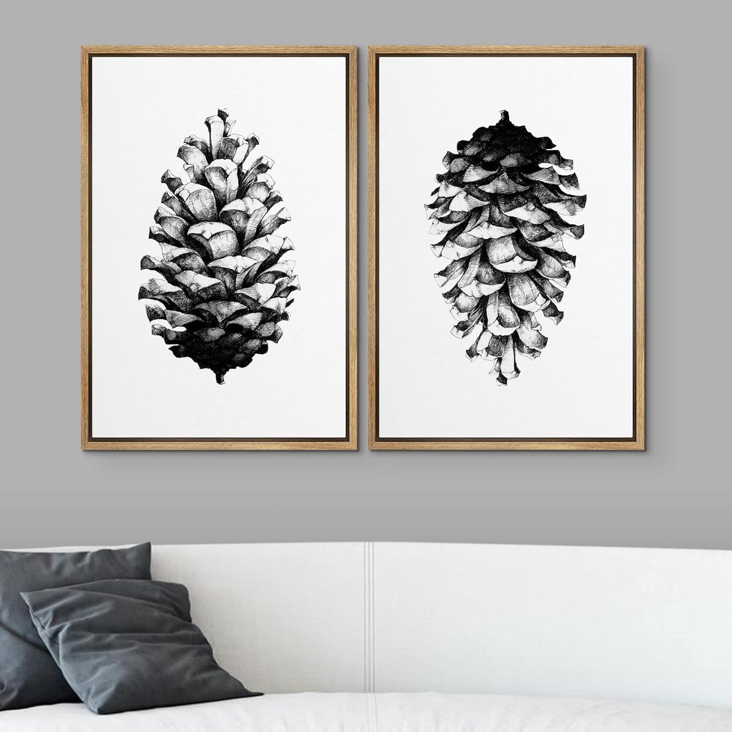 SIGNWIN Framed Canvas Print Wall Art Set Black & White Forest Woodland Pinecone Nature Wilderness Illustrations Modern Art Rustic Relax/Calm for Living Room, Bedroom, Office - 16"x24"x2 Natural