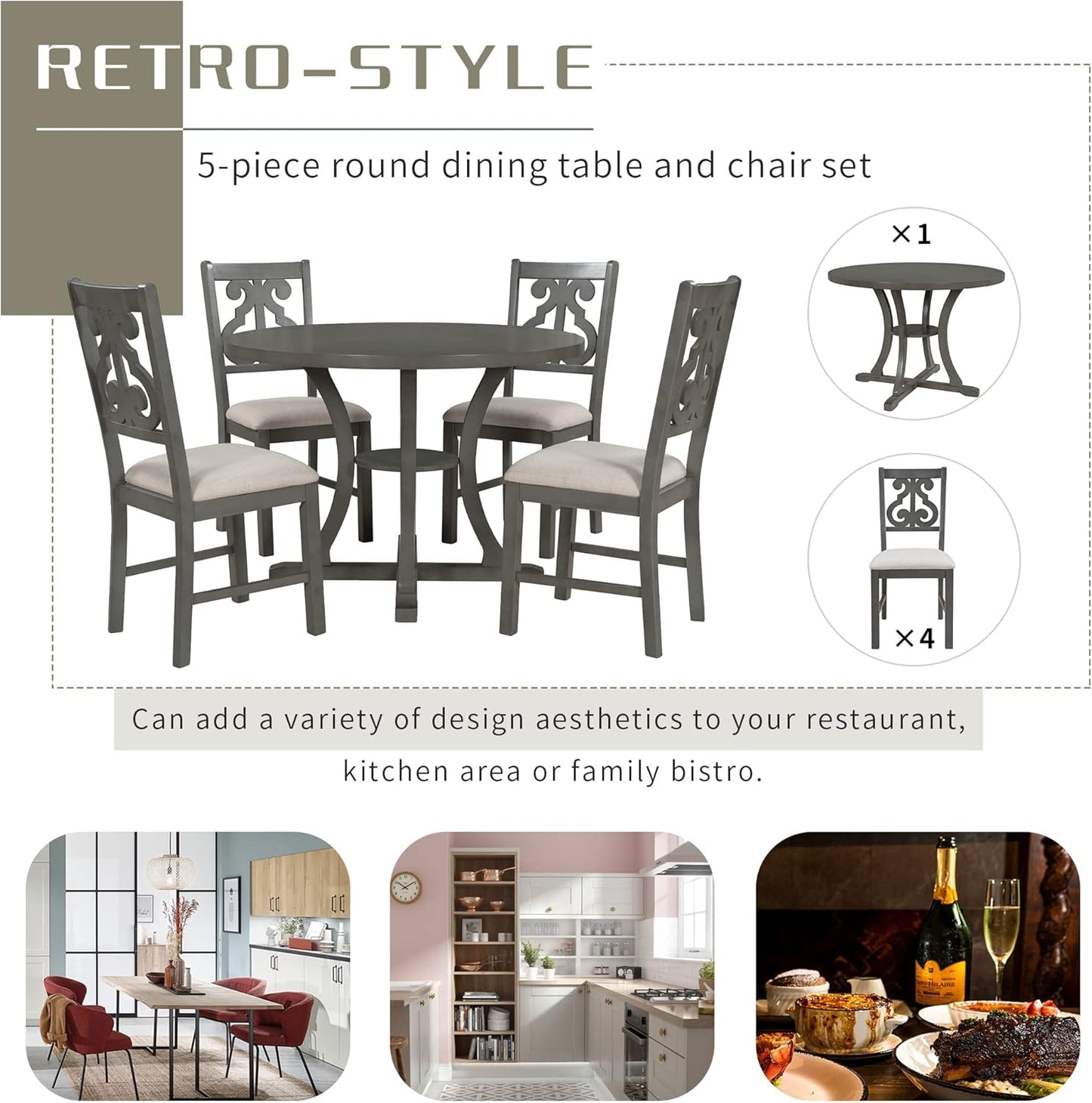 Merax 5 Piece Round Dining Table Set 4 Retro Chairs with Special-Shaped Table Legs, Exquisitely Designed Hollow Chair Back for Dining Room, Gray