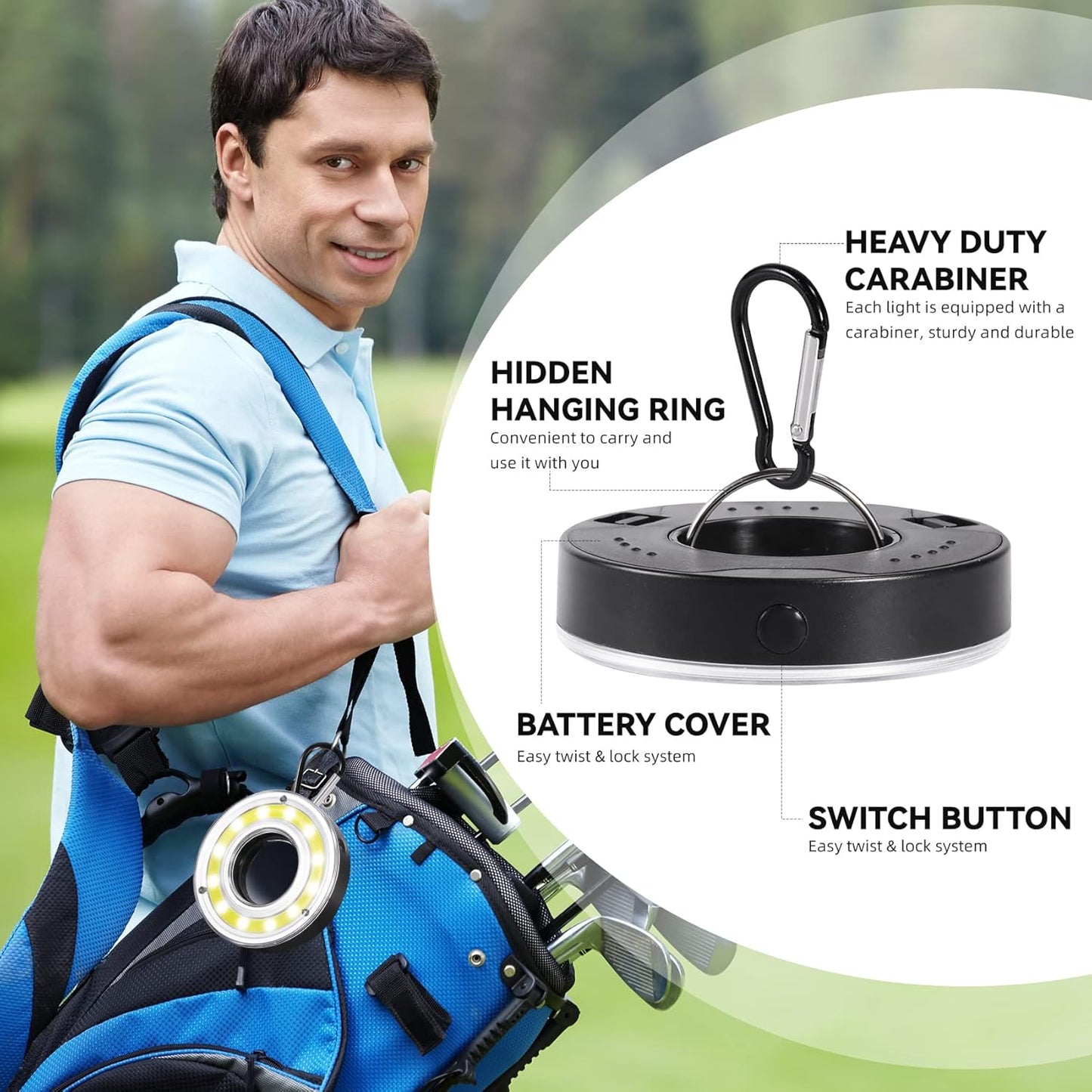 Putting Green Lights 2 Pack - Led Golf Hole with Carabiner, Night Golf Lights with Lens, Light Up Putting Cup for Night Time Play, Chipping Practice