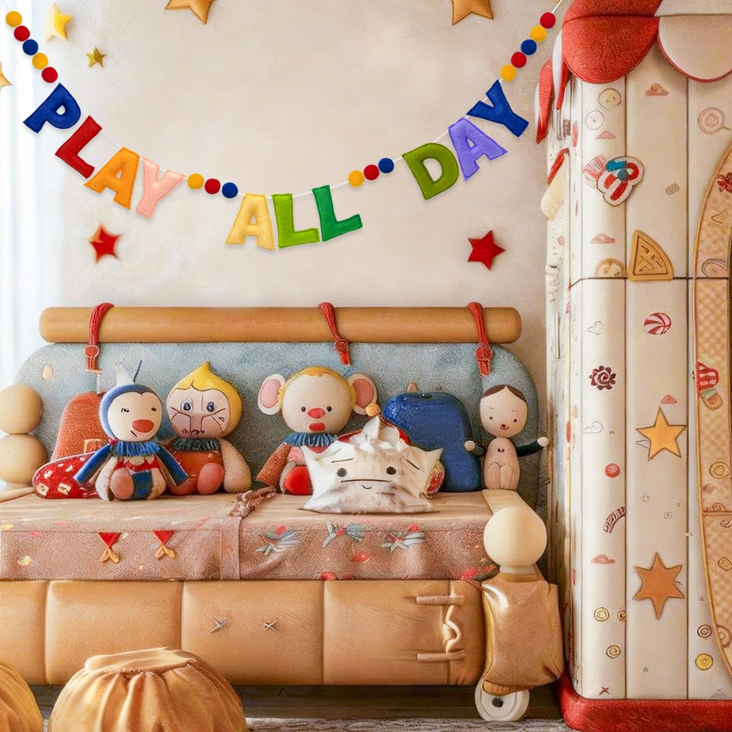 Pre-Strung Retro Play All Day Felt Banner Reusable Play Sign Play All Day Wall Hanging Felt Garland for Kids Nursery Playroom Wall Decor Boys Girls Playhouse Decor Toy Room Classroom Decoration