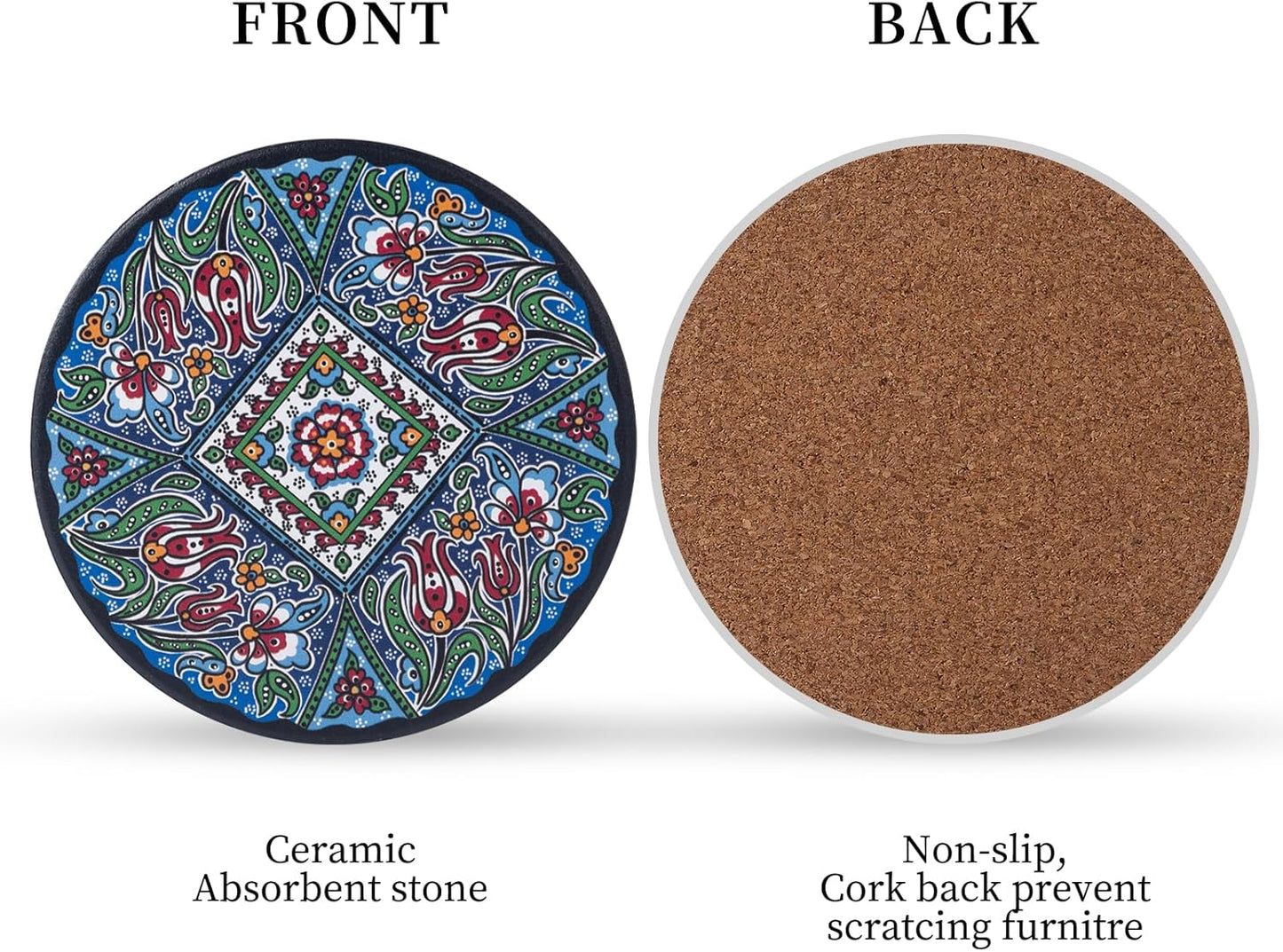 Coasters Absorbent Ceramic Coaster Drink Coasters with Cork Back Turkish Pattern Set of 6 Round Coaster Non Slip for Coffee Table Wine Glass Home Bar 4 Inch, Colorful