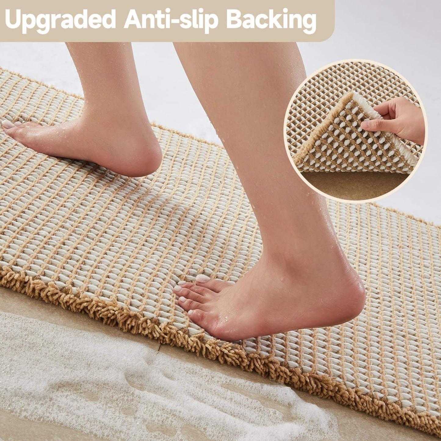 Waffle Bath Mat, Boho Bathroom Rugs Non Slip Washable Super Absorbent Quick Dry Bath Mat Farmhouse Bathroom Decor, 24"x16" Khaki and White