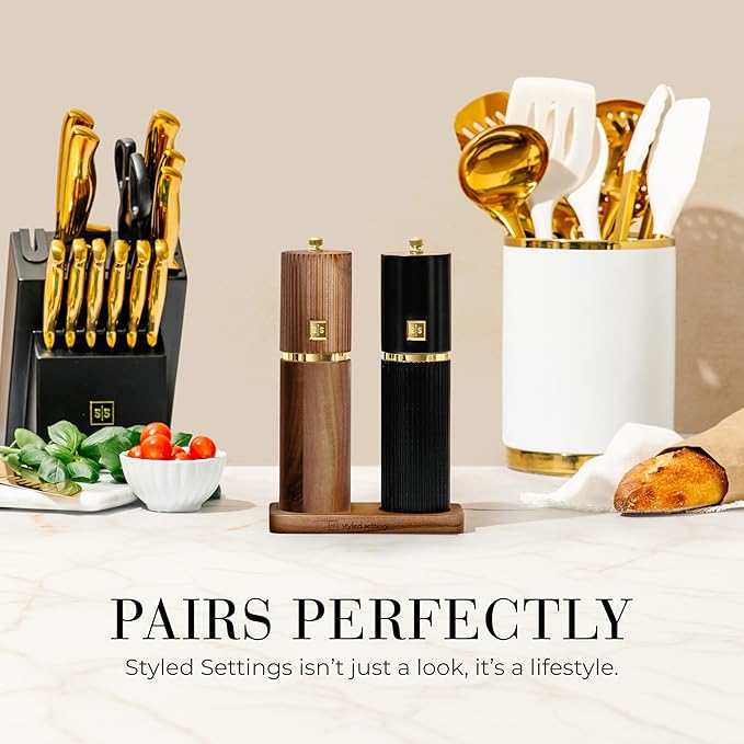Wooden Salt and Pepper Grinder Set – Refillable Manual Salt and Pepper Mills with Adjustable Ceramic Burrs, Gold Detailing, and Acacia Wood Stand – Ideal Kitchen Gift