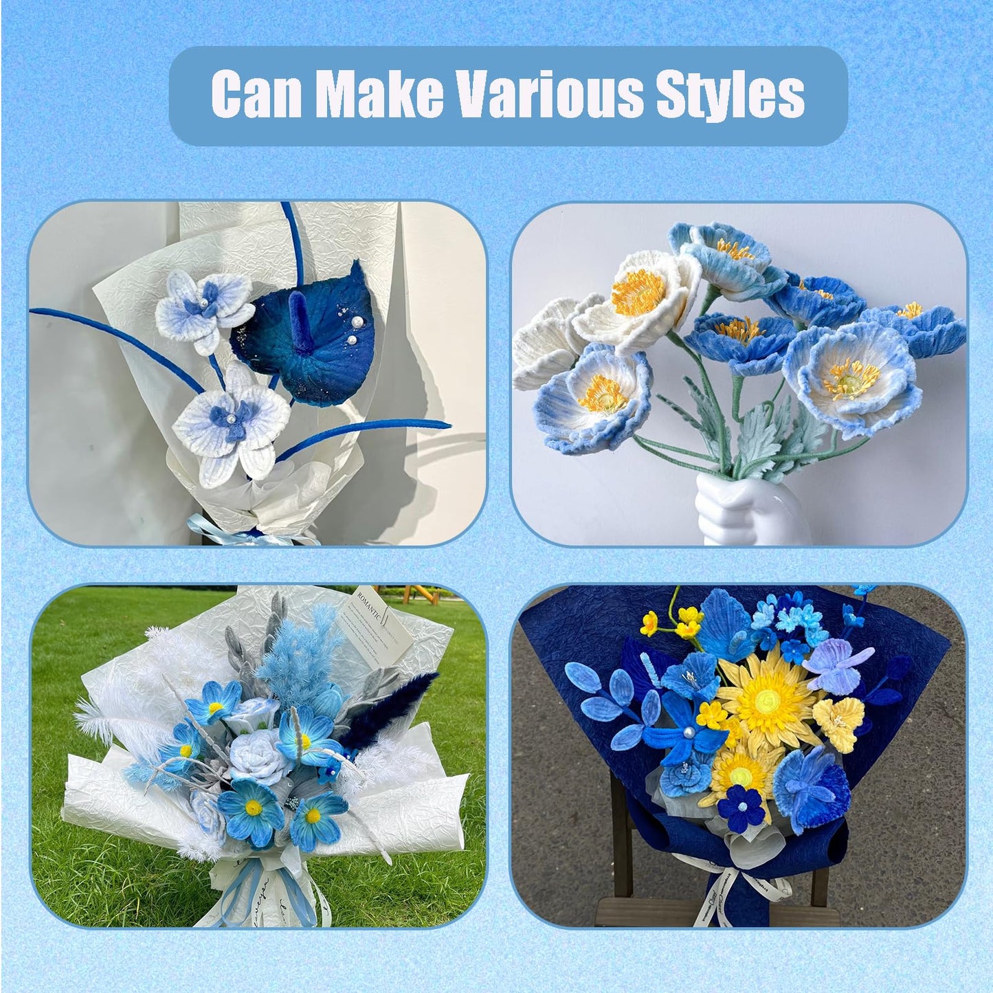 LansinLife 400 Pcs Pipe Cleaners Craft Set, 4 Assorted Blue Pipe Cleaners Bulk, Chenille Stems for DIY Flower Making Kit with Floral Stems, Gardening Tape, Pearl, Ribbon for DIY Bouquet Gift (Blue)