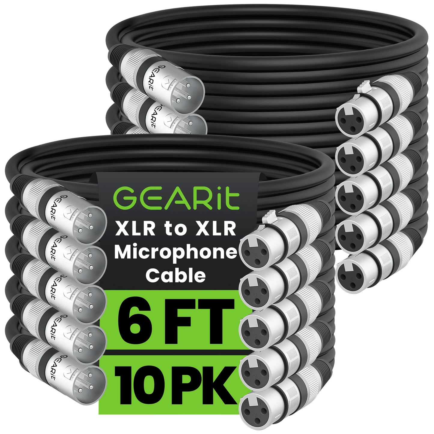 GEARit XLR Male to Female Microphone Cable (6 Feet, 10-Pack) 3-Pin Balanced Shielded Mixer, Recording Studio, Podcast - Black