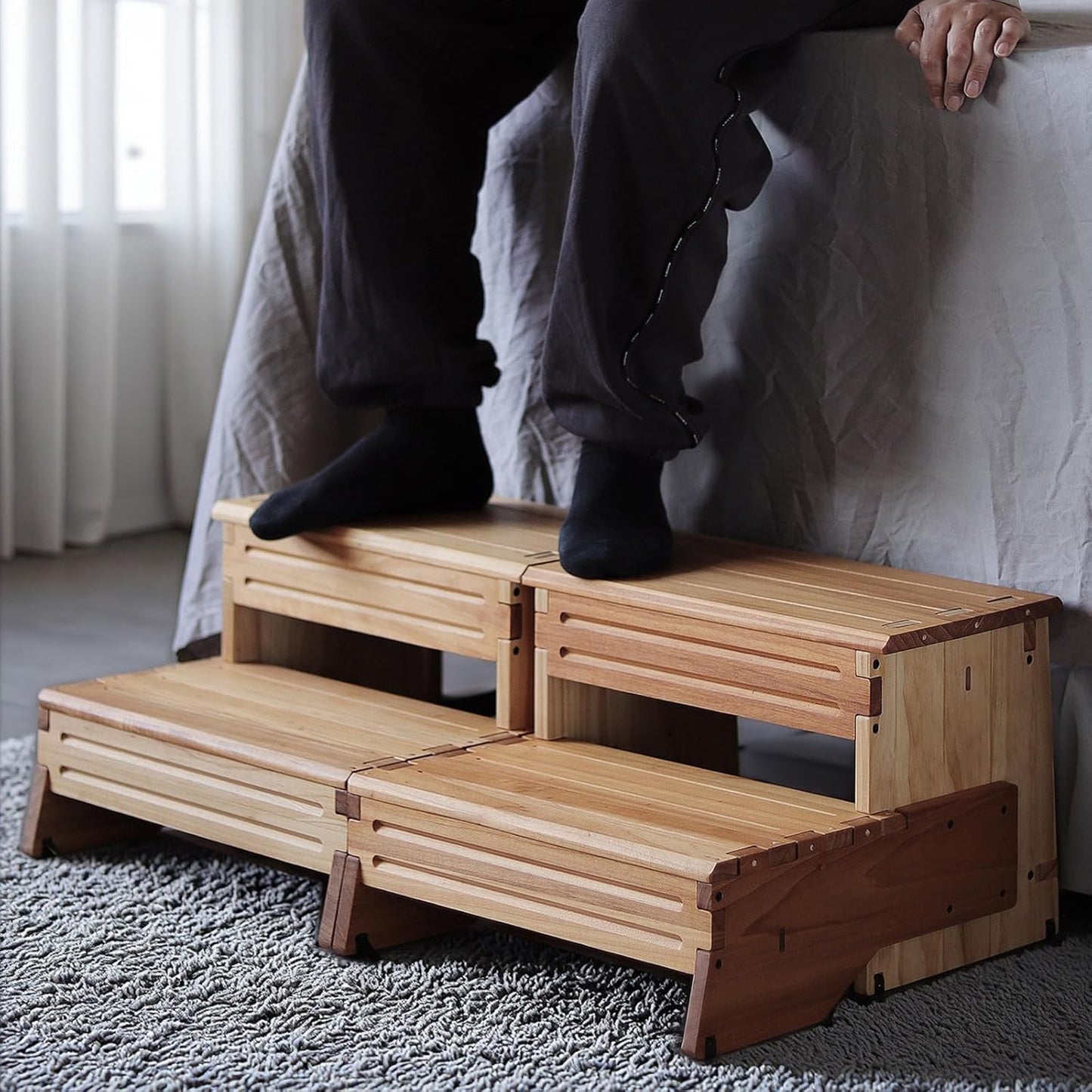 32" Wooden Two Step Stool for Adult & Kid, Wider, Deeper & Safer Bedside Steps, Anti-Slip. Riser 2-Step Spa & Hot Tub Stairs for Pool, Heavy Duty for Kitchen, Bathroom, Closet, High Bed Step