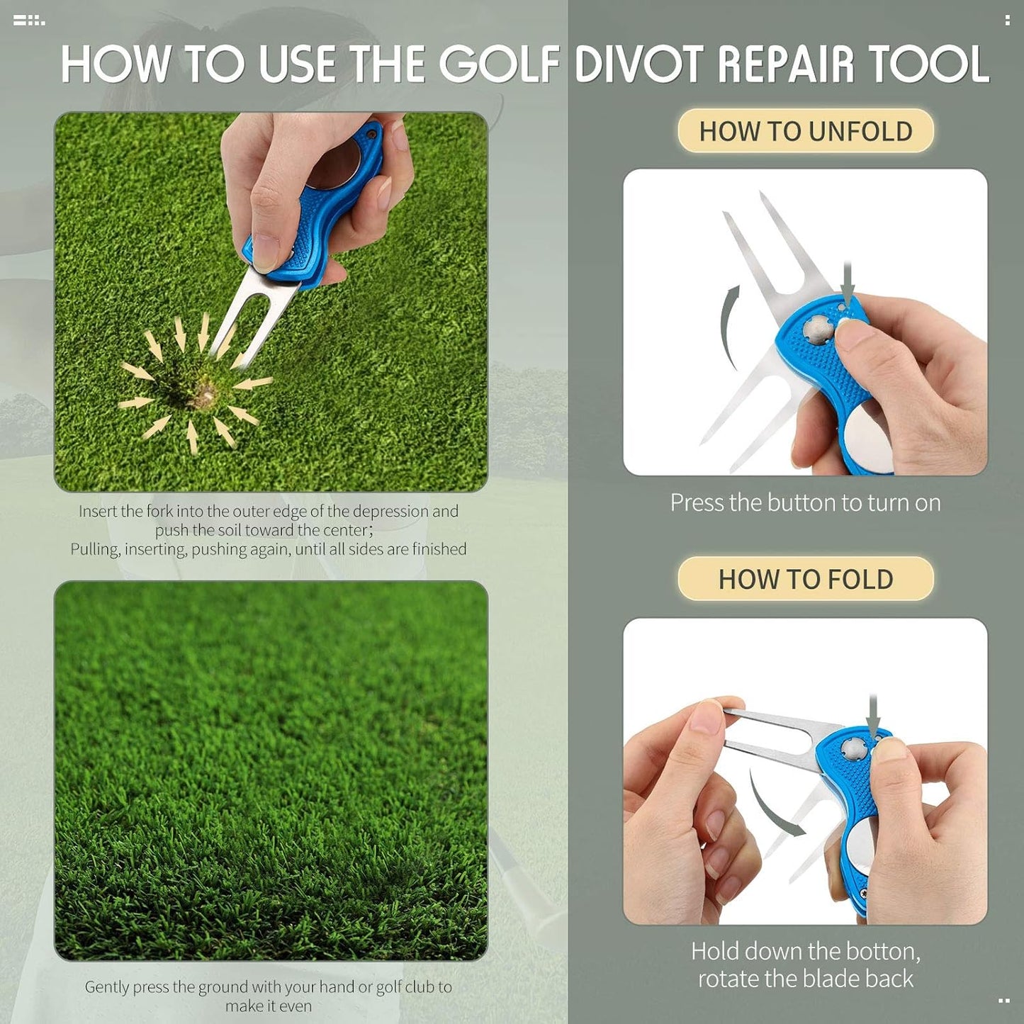 6 Packs Golf Repair Tool Stainless Steel Foldable Golf Divot Tool Magnetic Button Ball Marker