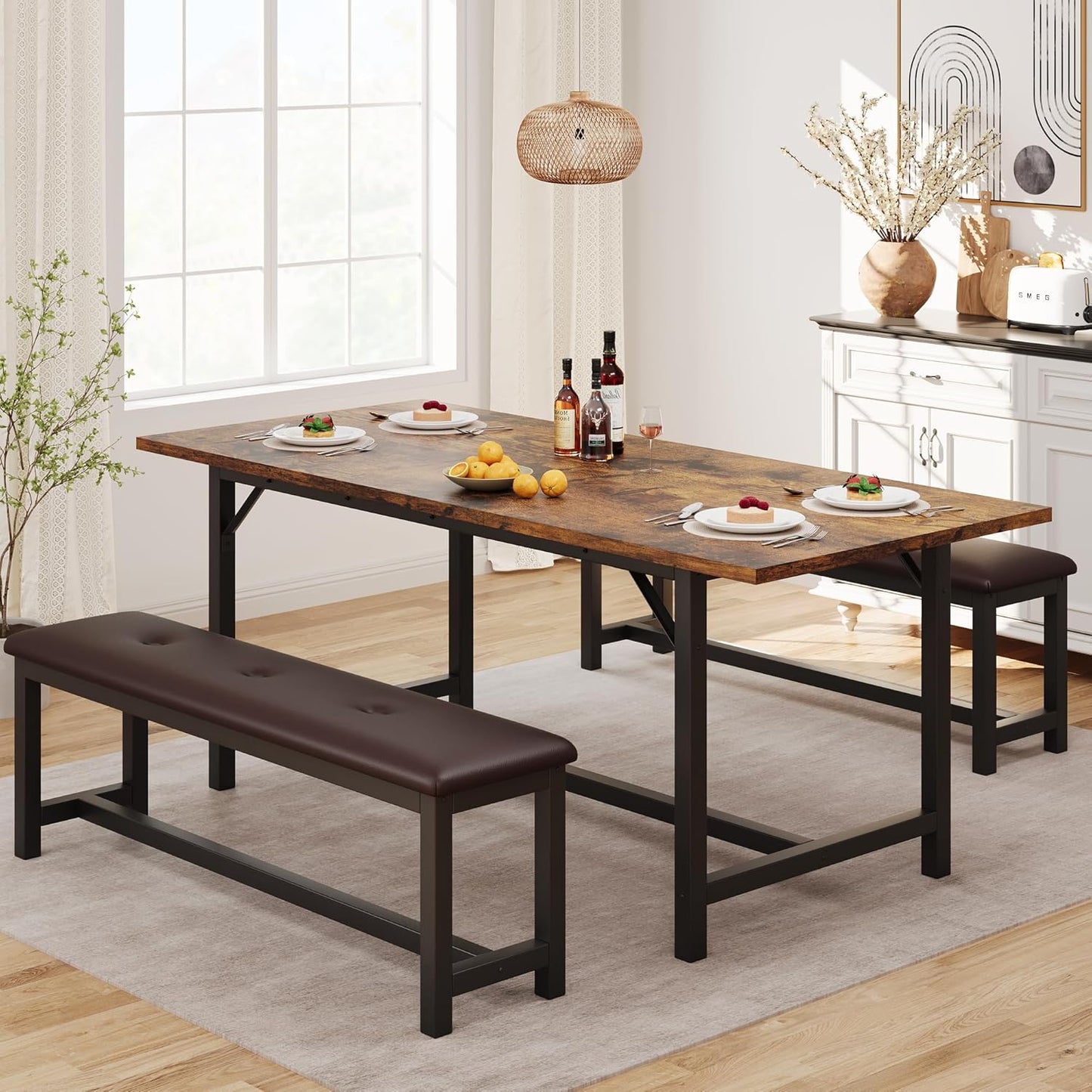 3-Piece Dining Table Set for 4-6 People, Extendable Kitchen Table Set with 2 Upholstered Benches, Dining Room Table Set for Apartment, Kitchen, Living Room, Brown