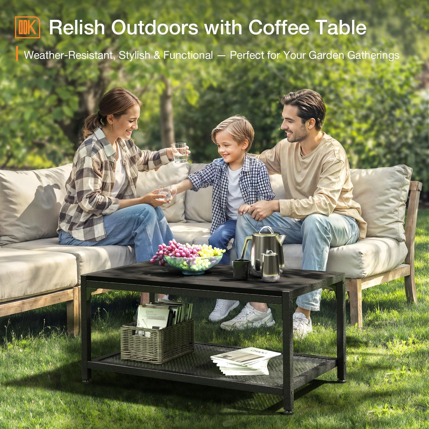 ODK Outdoor Coffee Table with Double-Layer Storage, Rectangle Weather-Resistant Patio Coffee Table for Garden, Balcony, Hot Tub, Poolside, Heavy-Duty Metal Frame, Black