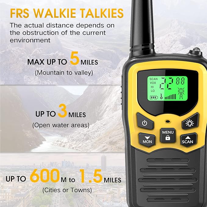 Walkie Talkies,MOICO Long Range Walkie Talkies for Adults Two-Way Radios with 22 Channels FRS VOX Scan LCD Display with LED Flashlight for Field, Survival Biking Hiking Camping 2 Pack (Yellow2)