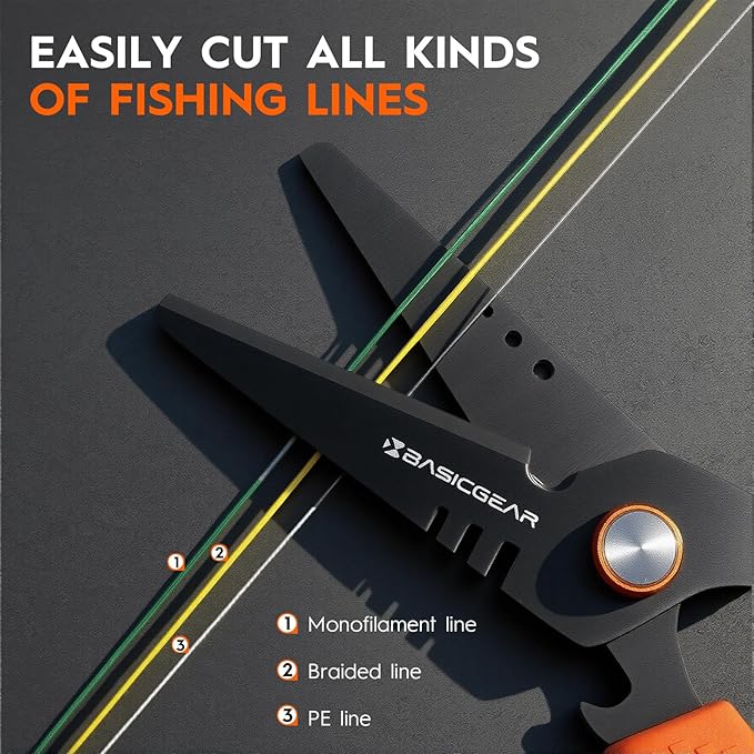 BasicGear Fishing Multi-Tool Scissors – Titanium-Coated, Stainless Steel, Multi-Tool Cutter with Hook Adjuster, Screwdriver, Bottle Opener, Sheath & Non-Slip Grip for Saltwater or Freshwater Use