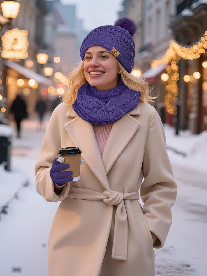 URATOT 4-In-1 Winter Warm Sets Knitted Scarf Touch Screen Gloves Beanie Pompom Hat and Winter Ear Warmer for Men or Women