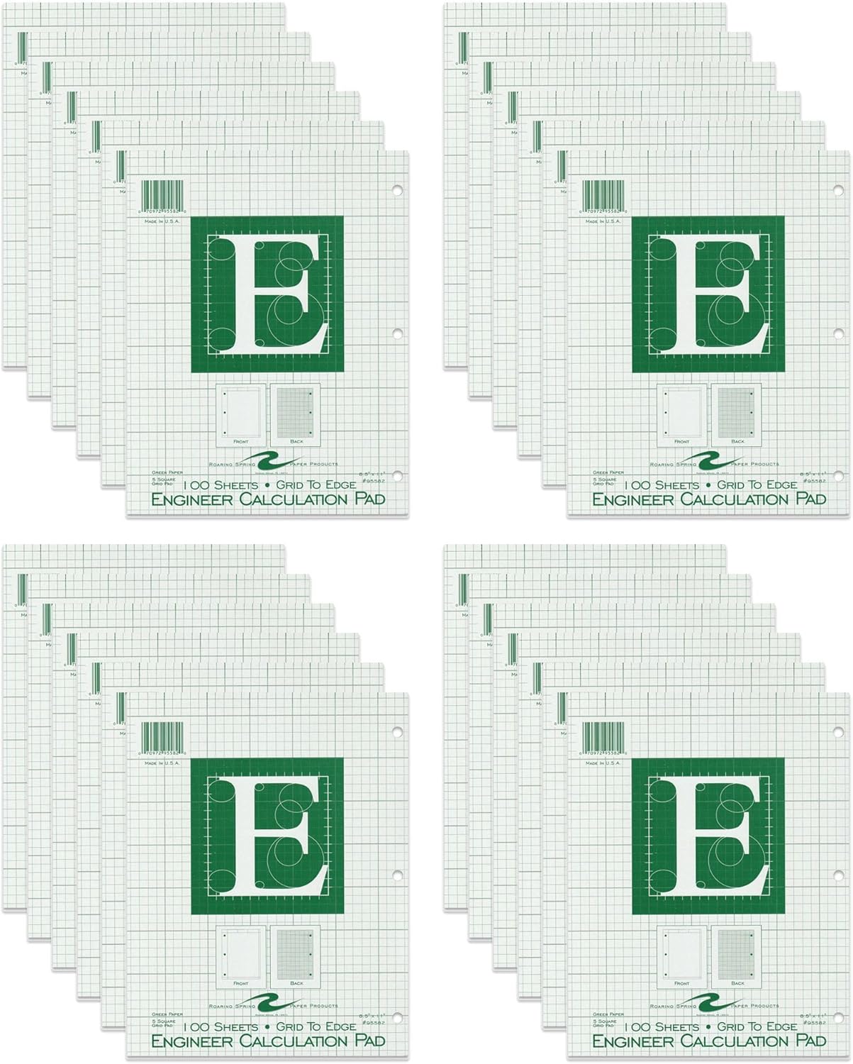 ROARING SPRING Engineering Pad, 8.5" x 11", 100 Sheets 15# Green Paper, 5x5 Printed Back Grid-to-Edge, Top Glued, 3-Hole Punched, Heavy Backing Board, Proudly Made in USA! (Case of 24)