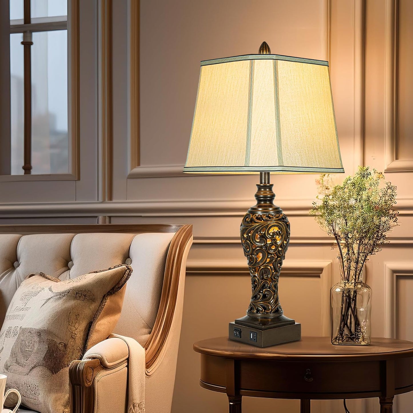28.5" high Vintage Brown Table Lamps Set of 2 - Bedside Lamp with Faux Silk Shades - for Bedroom and Living Room with USB and Nightlight - Perfect for Nightstands and Bedrooms (Bulb Included)