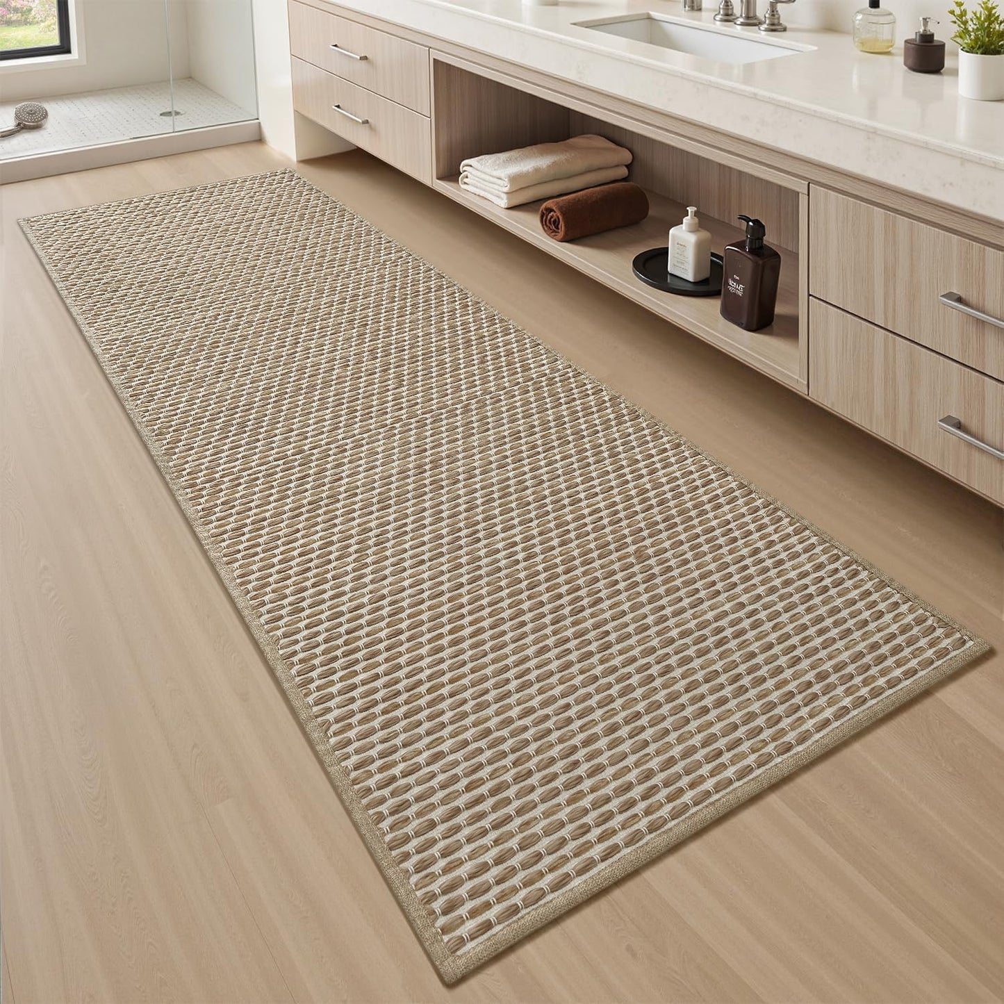 AMOAMI Unique Woven Bathroom Runner Rug, Super Absorbent Non Slip Bath Mats for Bathroom Textured Bathroom Mat Quick Dry Boho Rugs Runners for Hallyways Kitchen Bedroom Beside Tub, 2' x 6', Brown