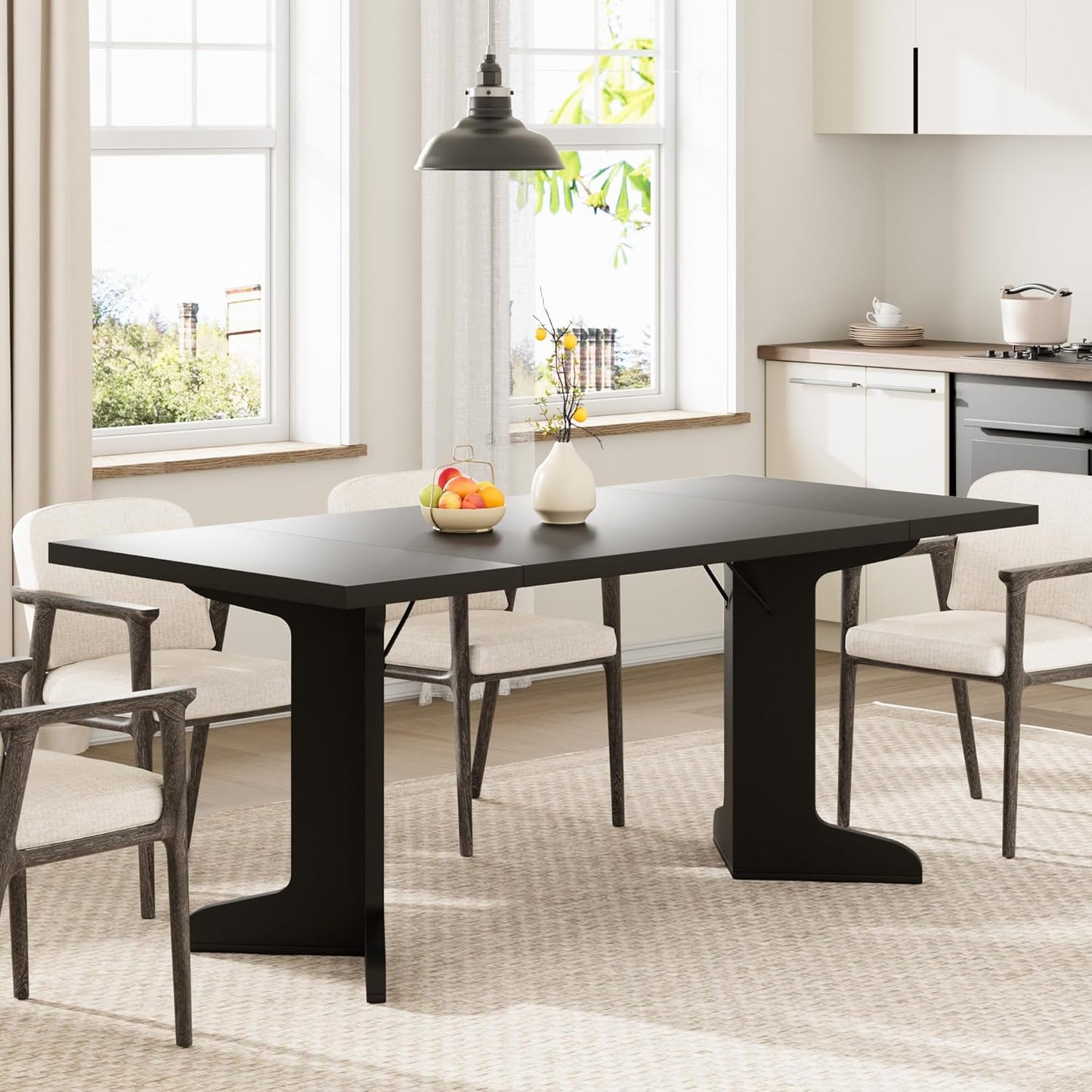 71" Large Dining Table for 6, Farmhouse Kitchen Table with Padded Top and Unique V-Shaped Feet, Rectangular Wooden Dining Table for 8 People for Home, Dining Room, Kitchen, Office, Black