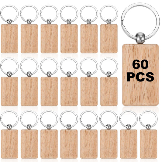 60pcs Blank Wooden Key Chain, Unfinished Rectangular Wood Keychain Blanks with Metal Rings for DIY Engraving, Crafting, and Personalized Gift Tags