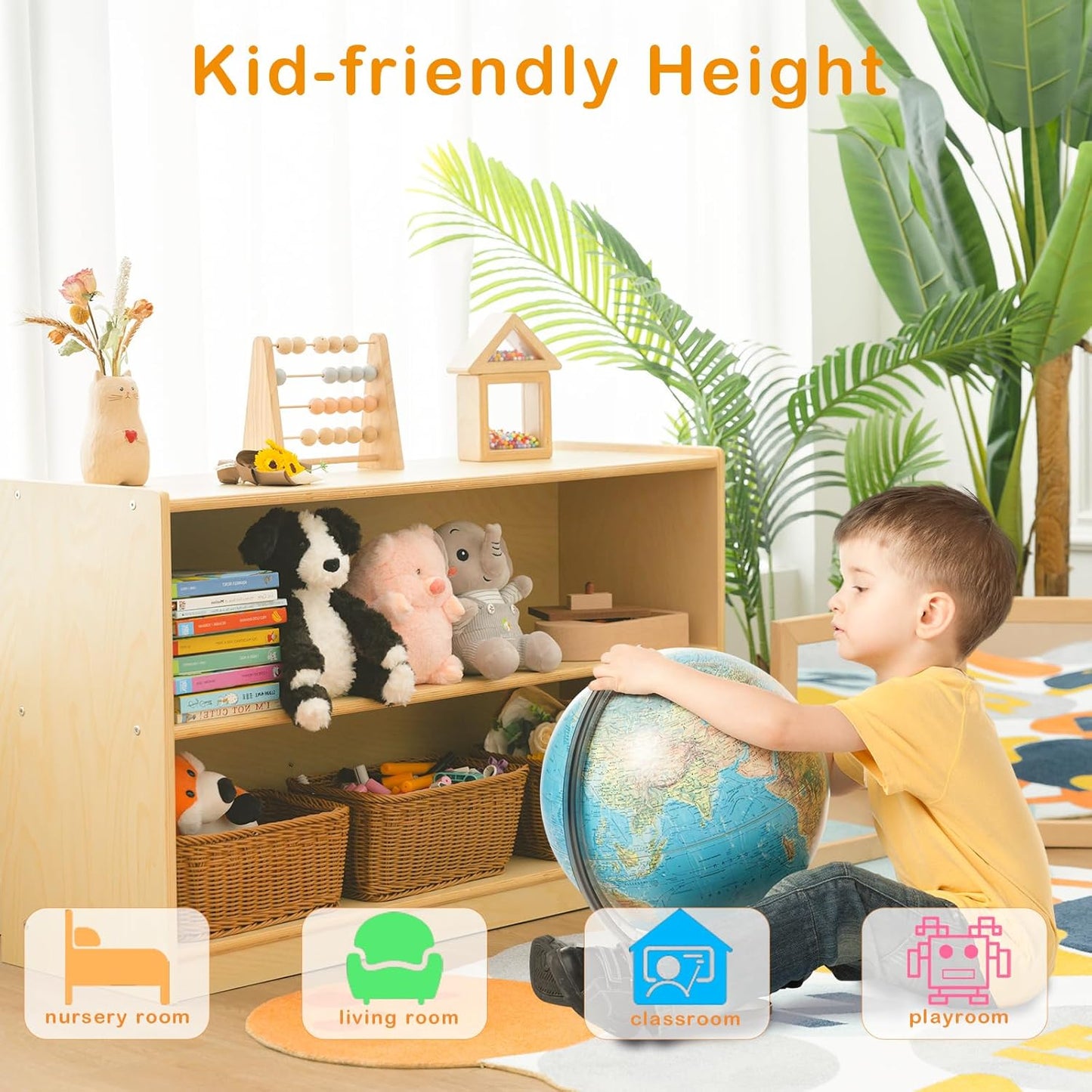 Kids Bookshelf and Toy Storage Shelf, Wooden Montessori Bookshelf, 2-Tier Toy Shelf, 24in Birch Children Bookcase, Classroom Furniture, Book Shelf for Kids Room, Nursery, Playroom