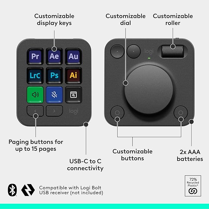 Logitech MX Creative Console, 9 Customizable LCD Keys, Stream Deck Accessories,Connectivity Technology USB-C, Control Dial for Graphic Design, Zoom, Spotify - Graphite, 3-Month Adobe Cloud Membership