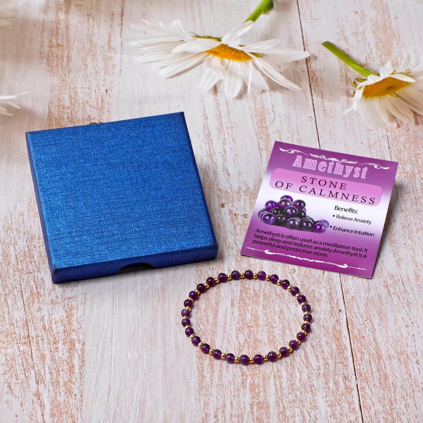 QOGIR Amethyst - Stone of Calmness - 14K Gold Plated Beads Natural Gemstone Stretch Elastic Dainty Healing Beaded Bracelets Gifts 4mm