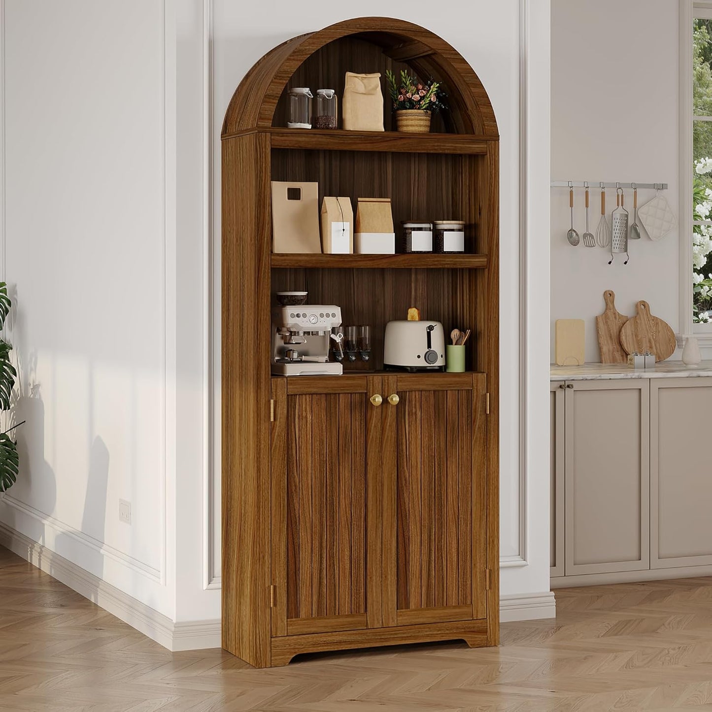GAOMON 72'' Tall Arched Cabinet, 5 Tier Arched Bookshelf with Double Doors & Adjustable Shelf, Wooden Bookcase with Storage for Living Room, Bedroom, Study, Kitchen, Home Office, Walnut Color